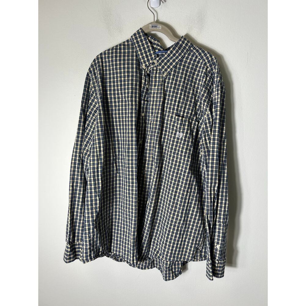 Chaps Yellow and Navy Plaid Button Up Long Sleeve Shirt Sz XL